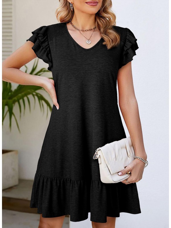 Black V Neck Ruffle Dress
