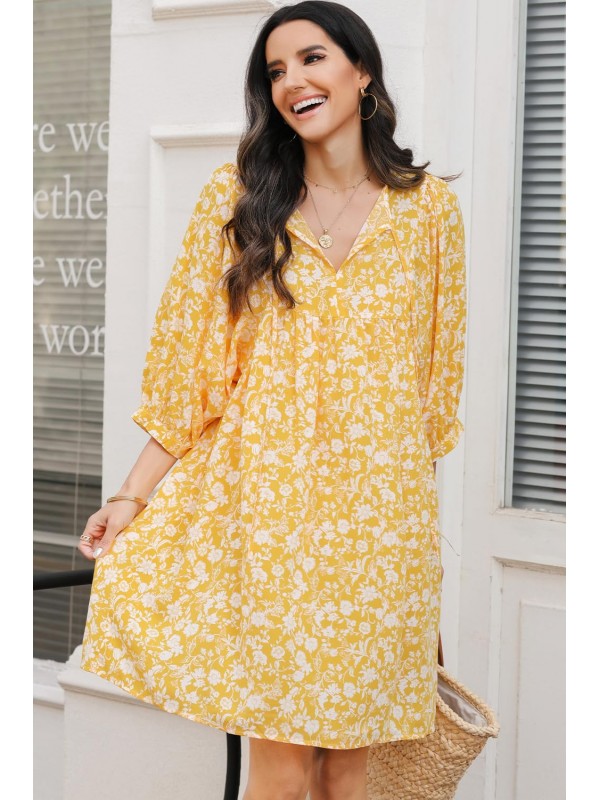 Floral V Neck Lantern Sleeve Dress
